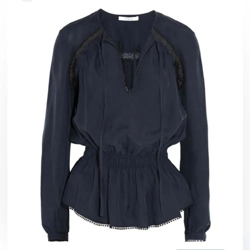 Derek Lam navy blue 100% silk lace detailed top, US0